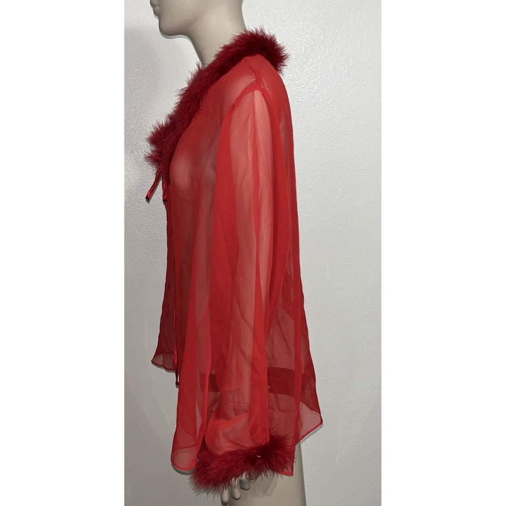 Vtg Cinema Etoile Red Sheer Mesh Boudoir Bed Jacket Faux Fur Trim Coquette Sz M - Picture 4 of 10